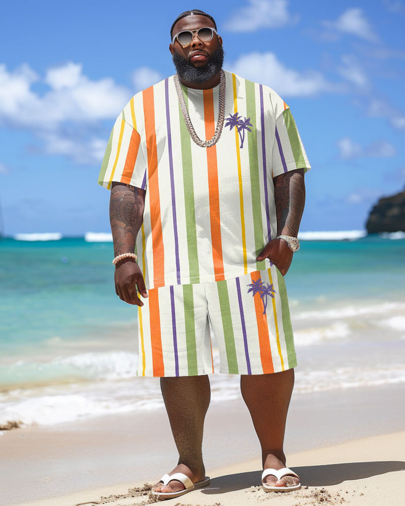 Big & Tall Hawaiian Striped T-Shirt Shorts Set for big men view 2