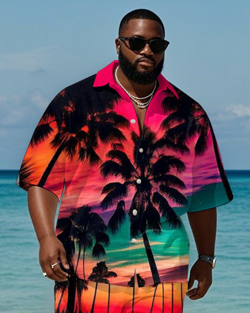 Big & Tall Red Hawaiian Gradient T-Shirt Shorts Set for big men view 2