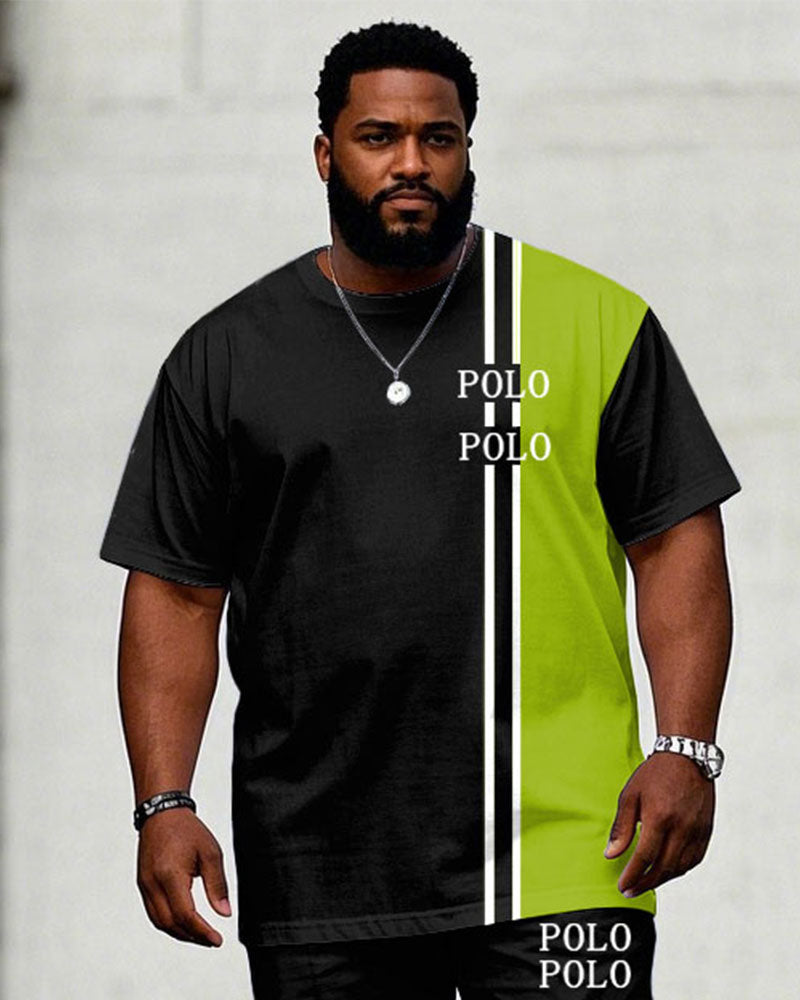 Big & Tall Black Green Streetwear T-Shirt Pants Set for big men view 2