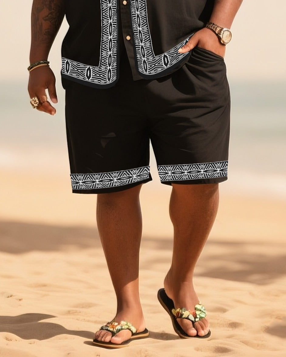 Big & Tall Black White Striped T-Shirt Shorts Set for big men view 3