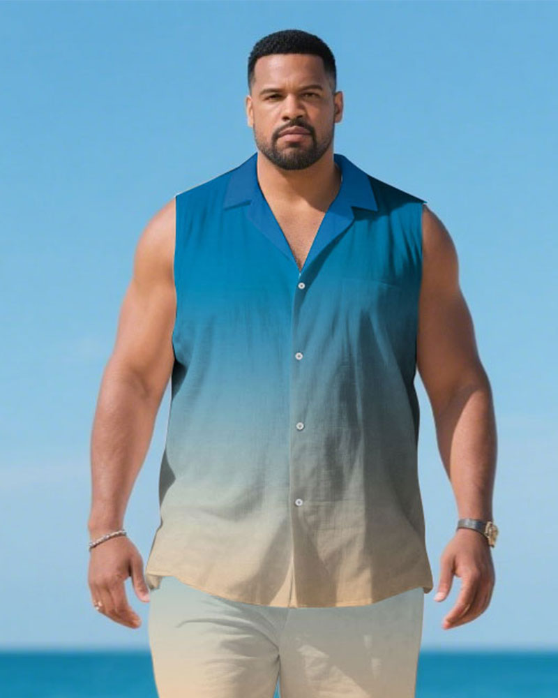 Big & Tall White Blue Hawaiian T-Shirt Shorts Set for big men view 2