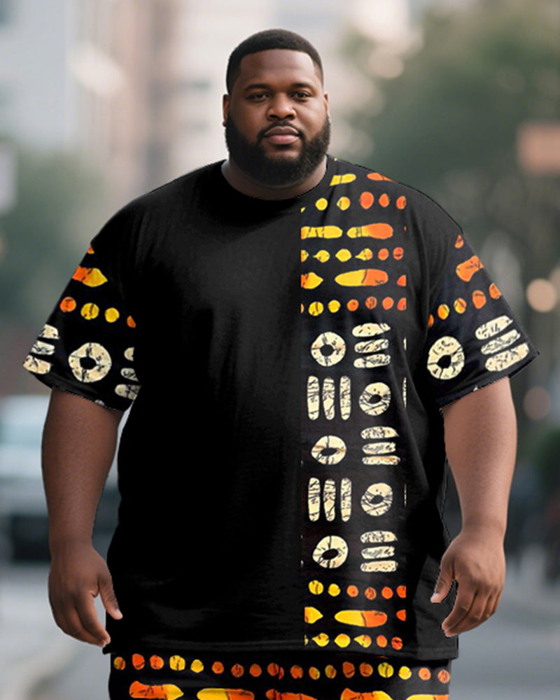 Big & Tall Black Orange Geometric T-Shirt Shorts Set for big men view 2