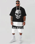 Big & Tall Graphic Patchwork Skull T-Shirt Shorts Set for big men view 1
