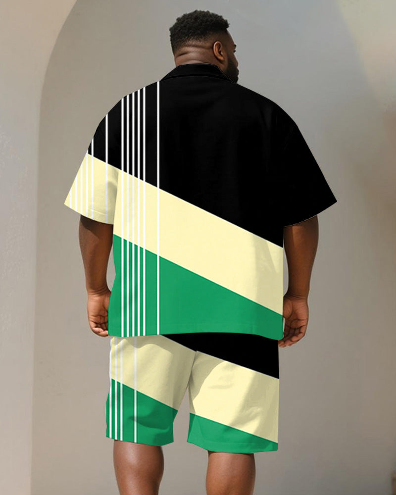 Big & Tall Black Green Geometric T-Shirt Shorts Set for big men view 4