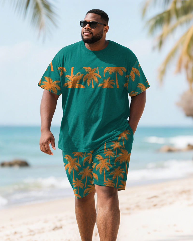 Big & Tall Green Hawaiian Graphic T-Shirt Shorts Set for big men view 1