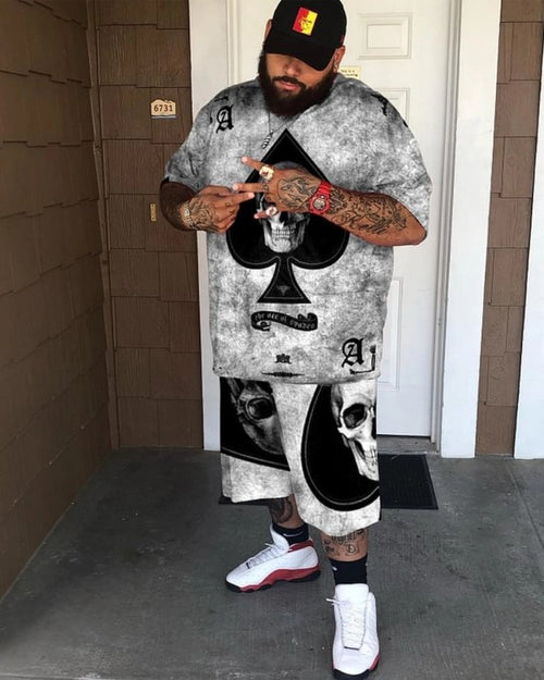 Big & Tall Black Skull T-Shirt Shorts Set for big men view 1