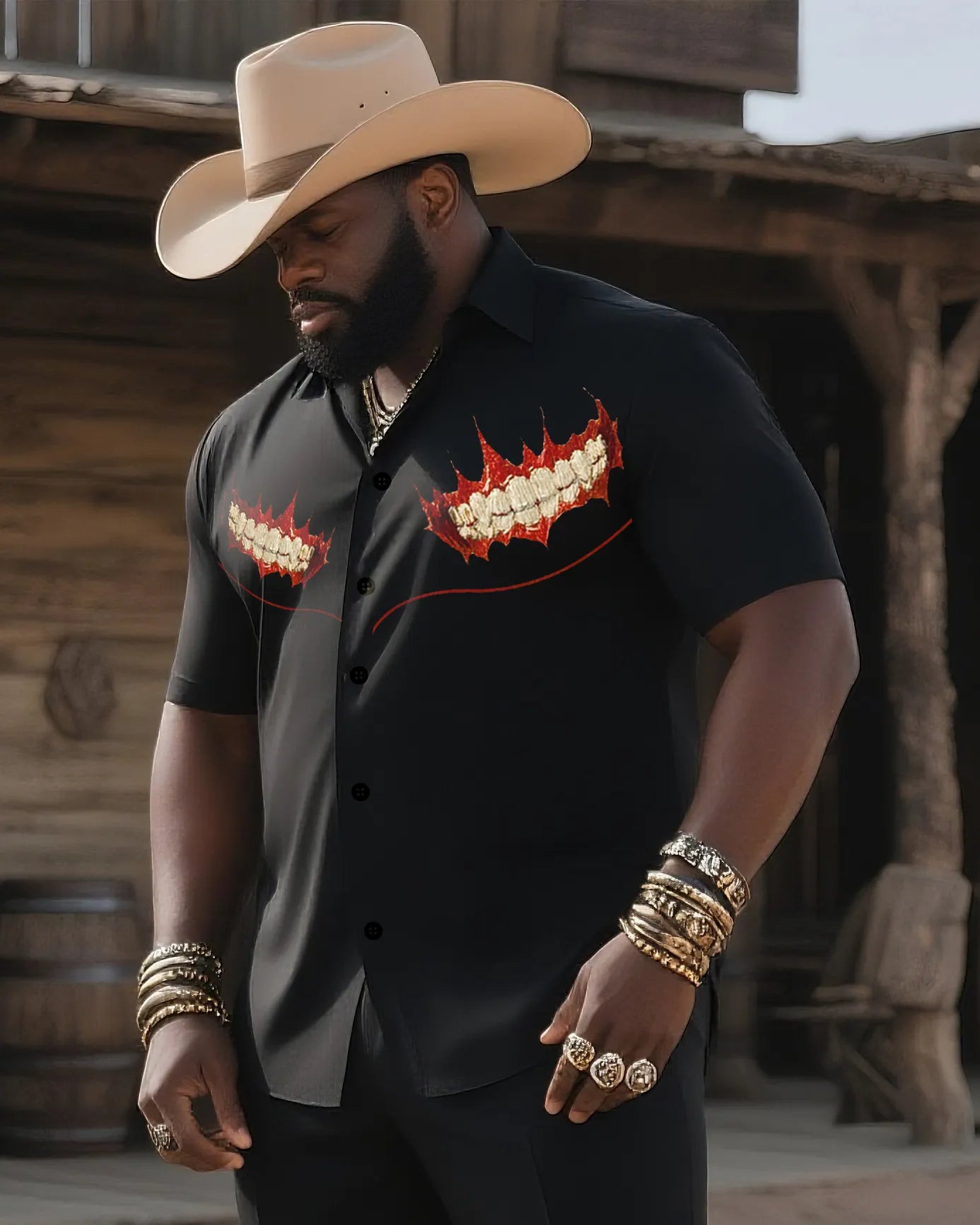 Big & Tall Black Western Graphic T-Shirt Pants Set for big men view 3