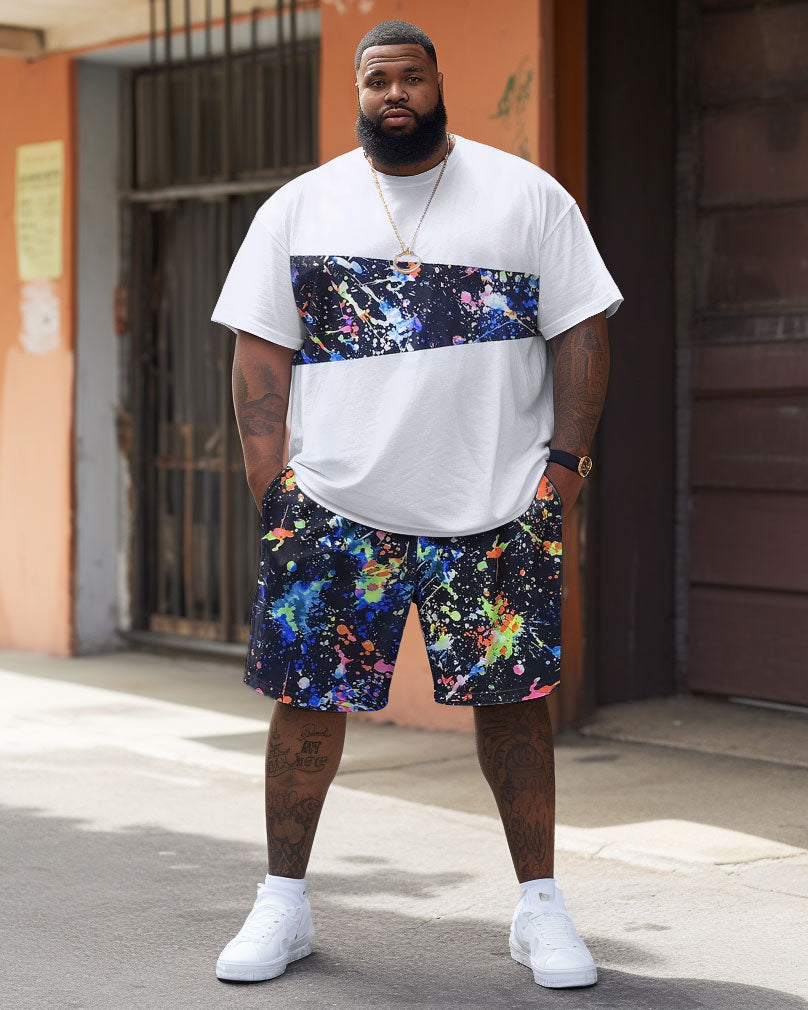 Big & Tall Patchwork Streetwear T-Shirt Shorts Set for big men view 2