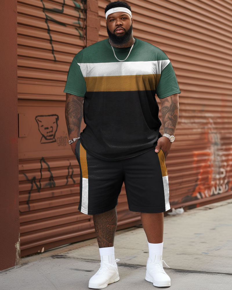 Big & Tall Striped Patchwork T-Shirt Shorts Set for big men view 1