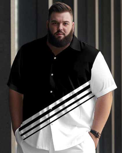 Big & Tall Black White Colorblock Shirt Shorts Set for big men view 2