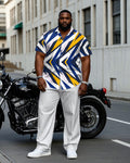Big & Tall White Blue Geometric T-Shirt Pants Set for big men view 1