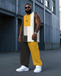 Big & Tall Black Yellow Colorblock Vest Pants Set for big men view 1