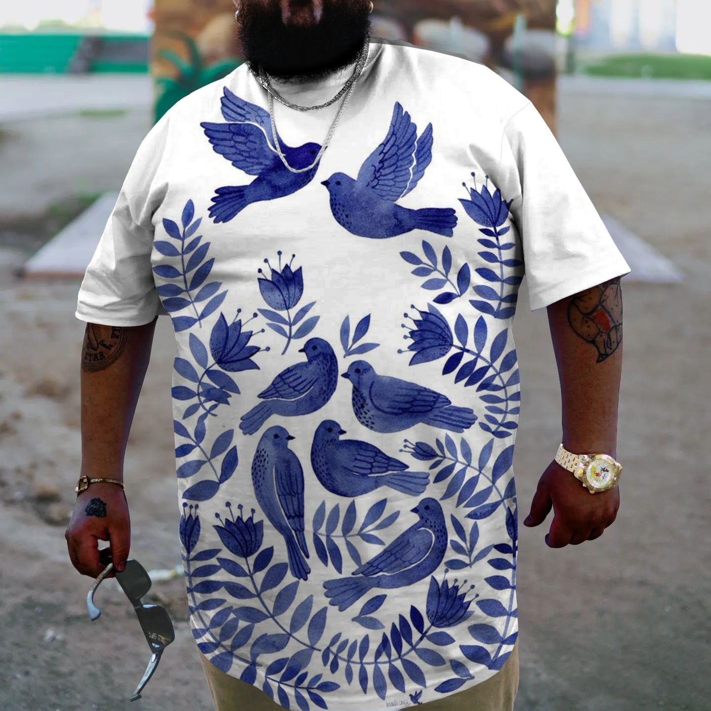Big & Tall White Blue Graphic T-Shirt for big men
