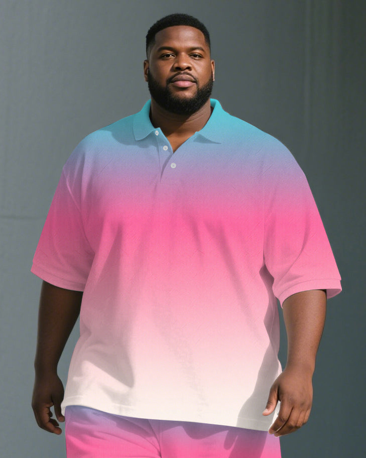 Big & Tall Blue Pink Gradient Polo Shorts Set for big men view 2