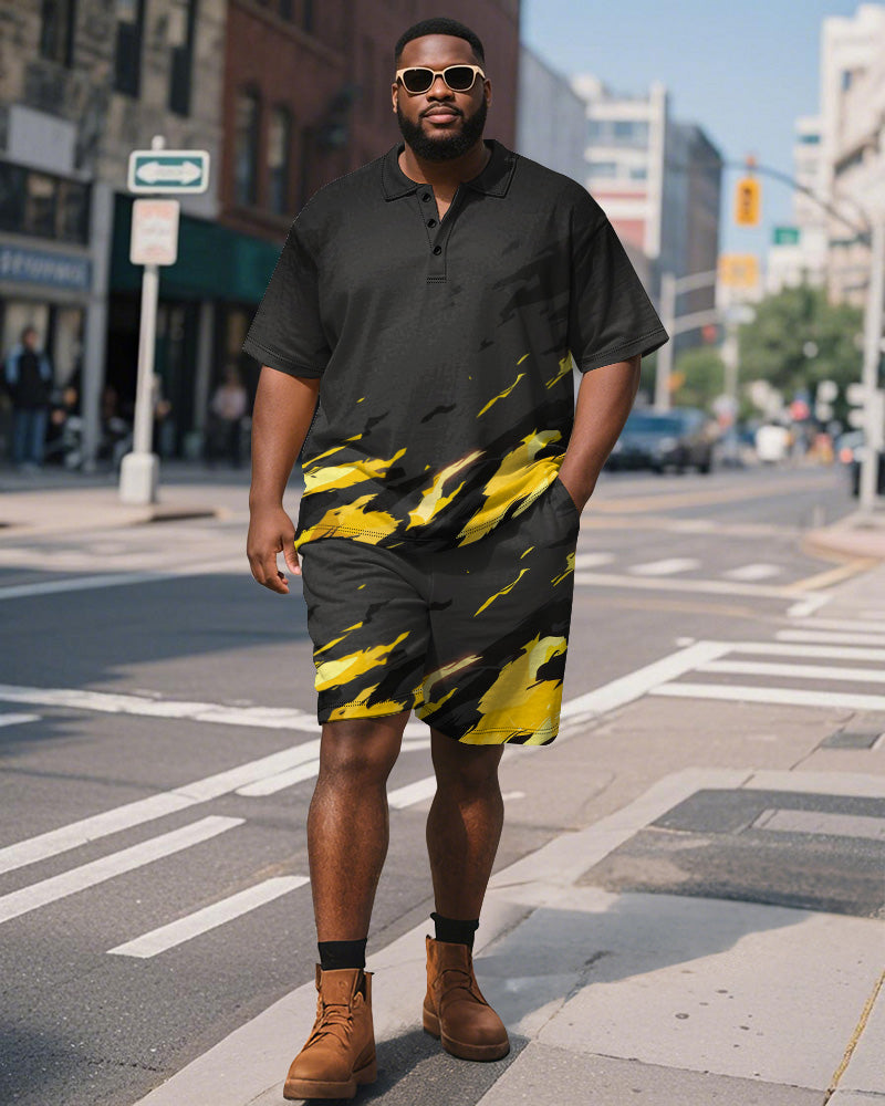 Big & Tall Black Graphic Graffiti Polo Shorts Set for big men view 1