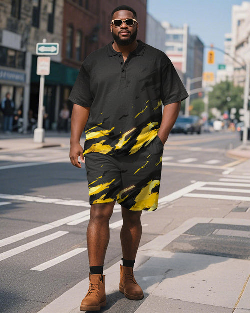 Big & Tall Black Graphic Graffiti Polo Shorts Set for big men view 1