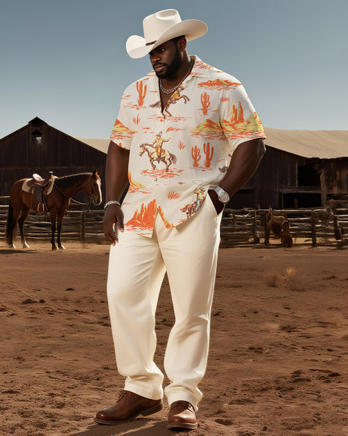 Big & Tall White Western Graphic T-Shirt Pants Set for big men view 1