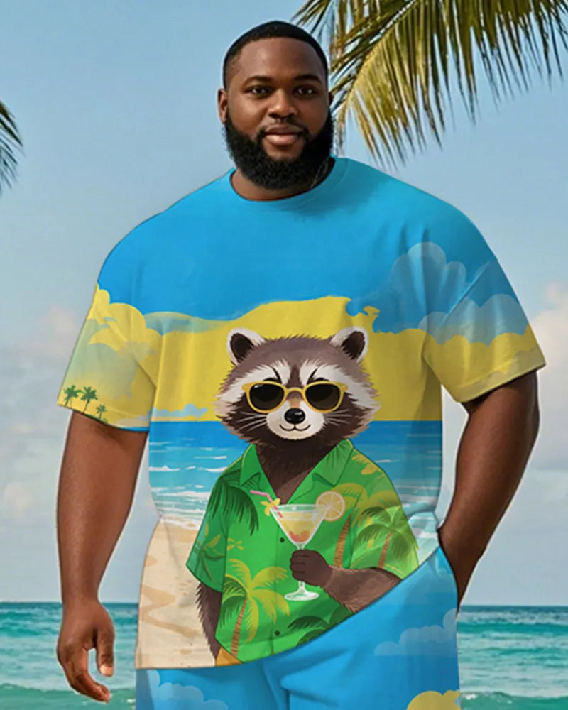 Big & Tall Blue Hawaiian Graphic T-Shirt Shorts Set for big men view 3