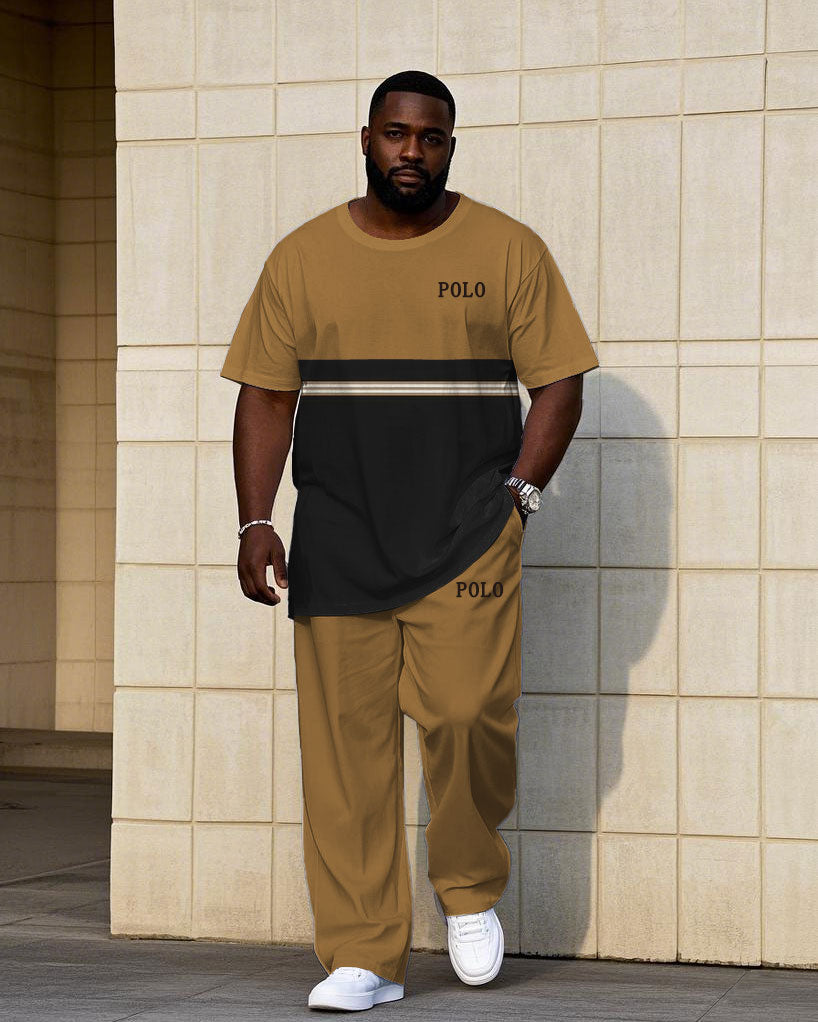 Big & Tall Black Khaki Striped T-Shirt Pants Set for big men view 1