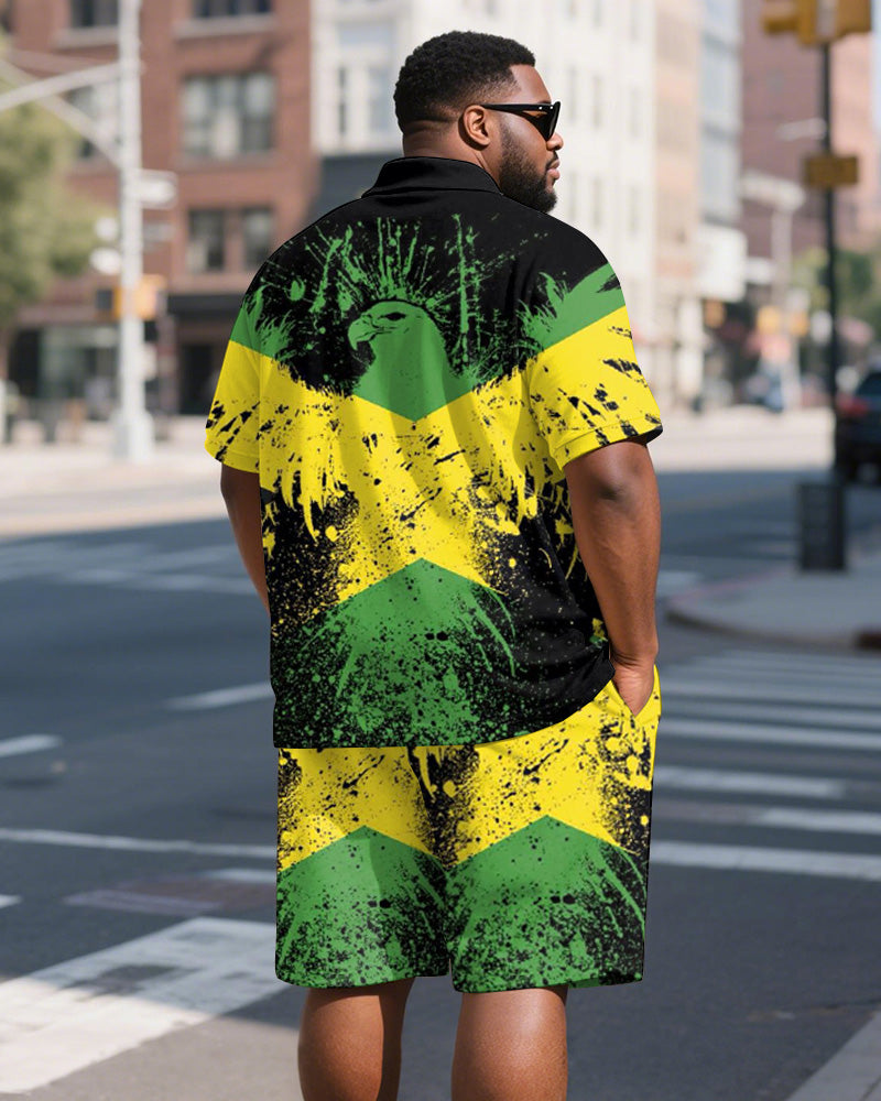 Big & Tall Black Green Colorblock Polo Shorts Set for big men view 4