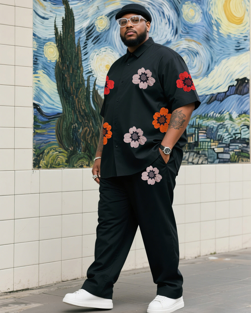Big & Tall Black Floral T-Shirt Pants Set for big men view 1