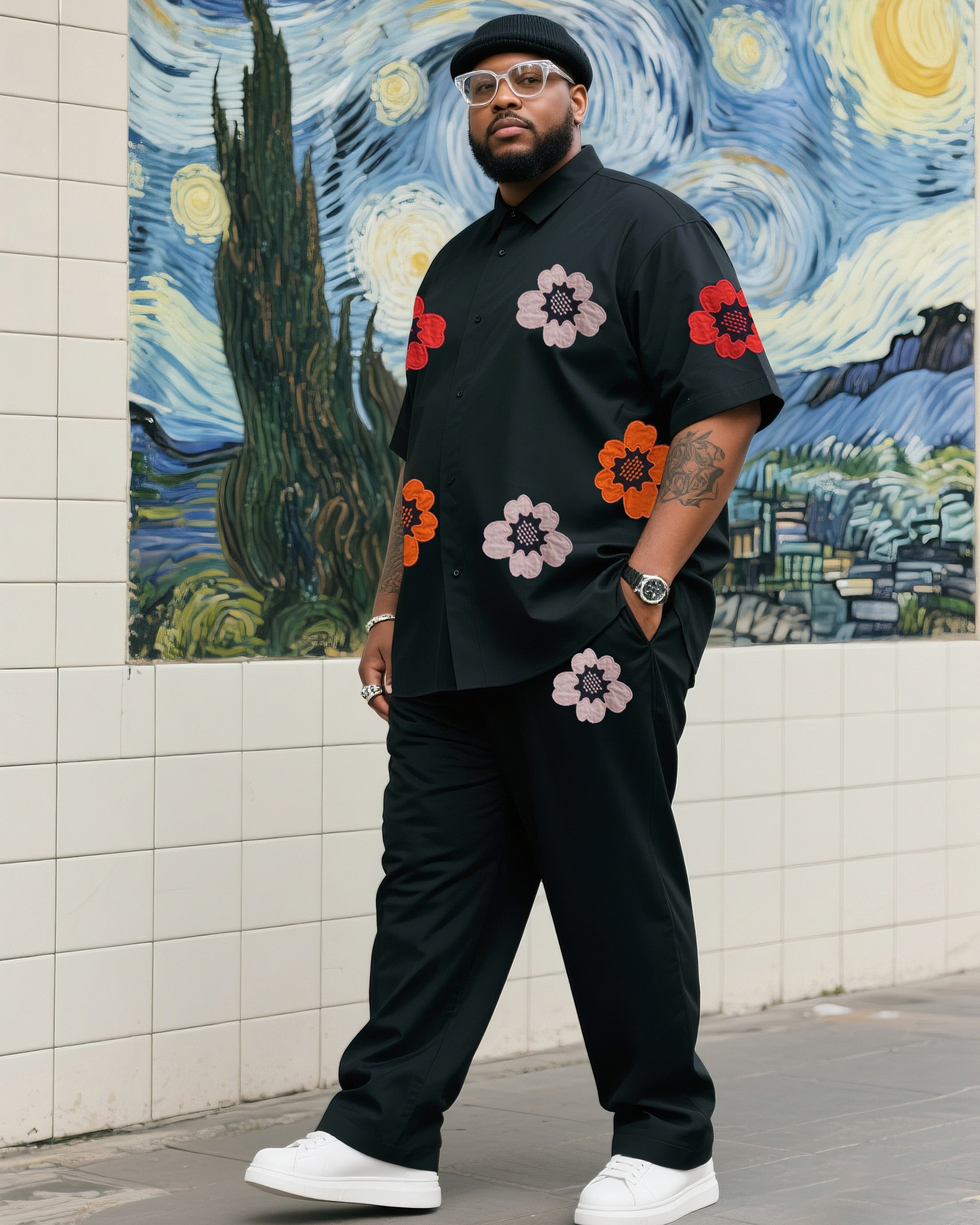 Big & Tall Black Floral T-Shirt Pants Set for big men view 1
