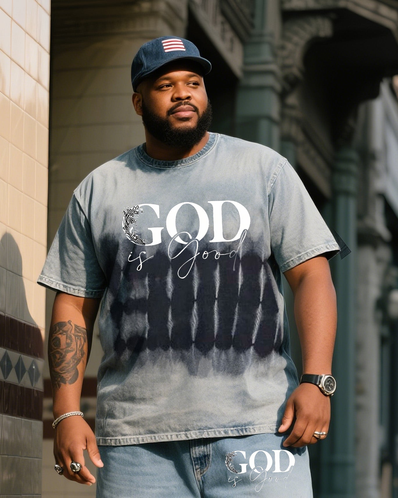 Big & Tall Denim Graphic T-Shirt Shorts Set for big men view 3