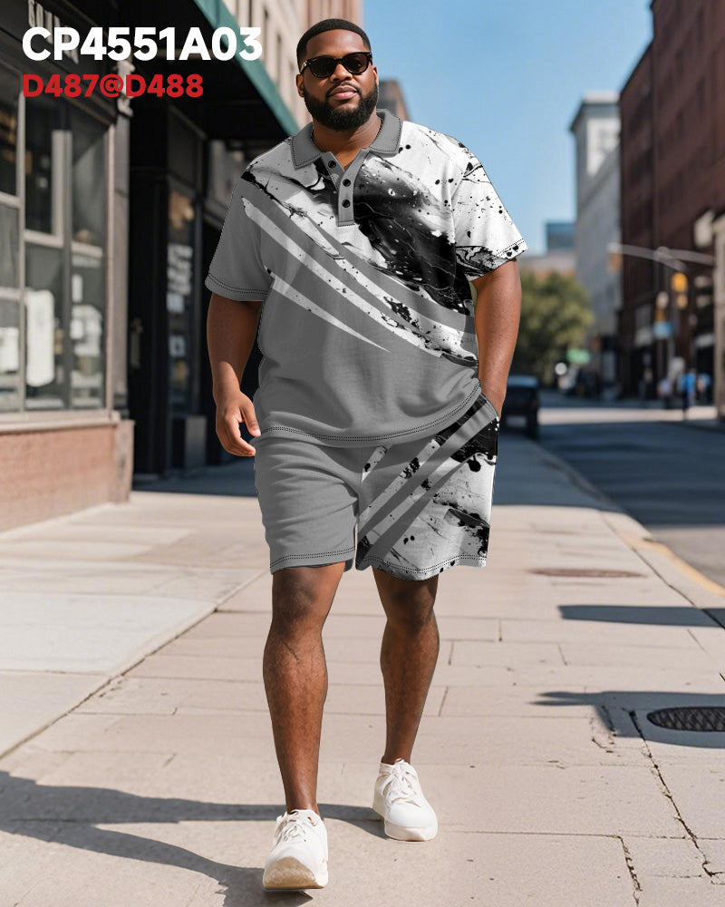 Big & Tall Gray Geometric Graphic Polo Shorts Set for big men view 2