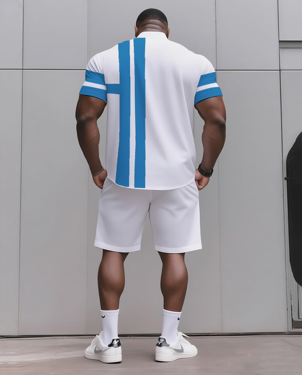 Big & Tall Black Blue Striped T-Shirt Shorts Set for big men view 10