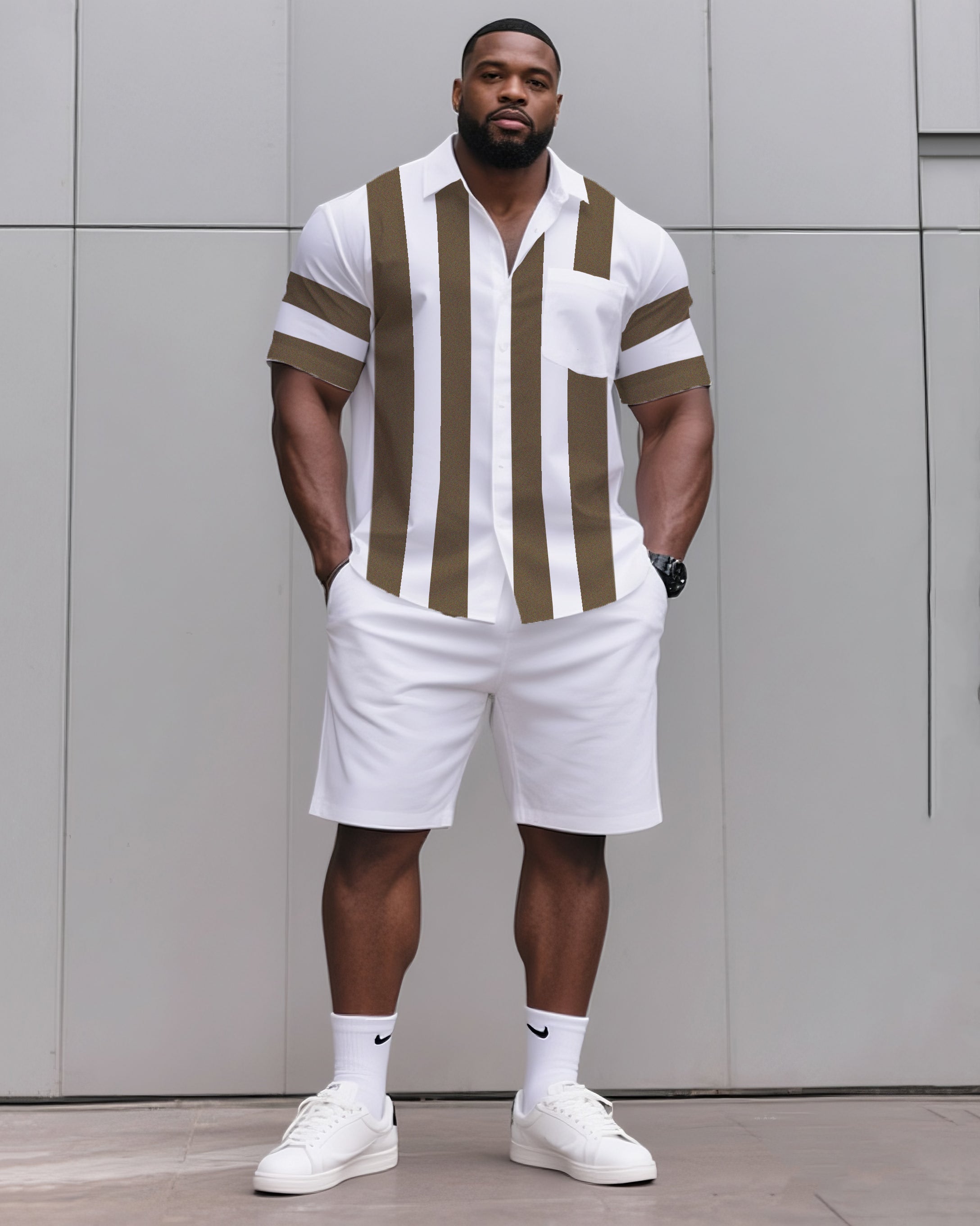 Big & Tall Khaki Striped T-Shirt Shorts Set for big men view 1