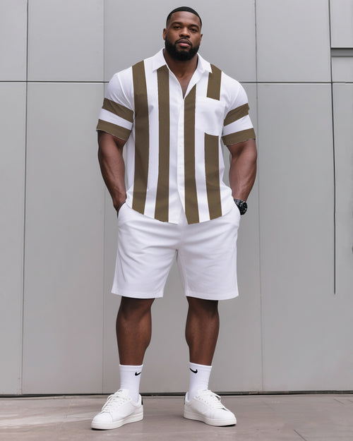 Big & Tall Khaki Striped T-Shirt Shorts Set for big men view 1