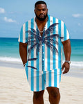 Big & Tall White Blue Hawaiian T-Shirt Shorts Set for big men view 1