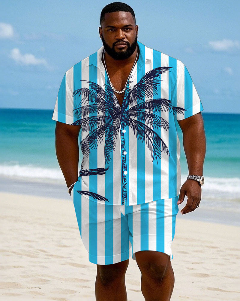 Big & Tall White Blue Hawaiian T-Shirt Shorts Set for big men view 1