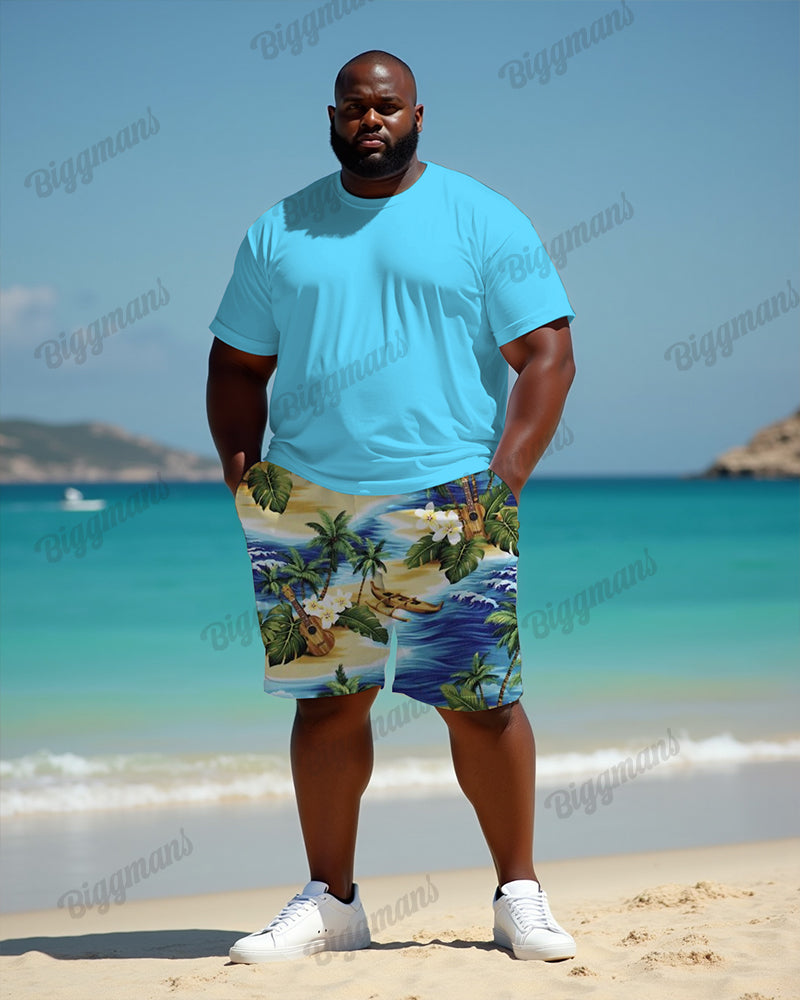 Big & Tall Blue Colorblock T-Shirt Shorts Set for big men view 2