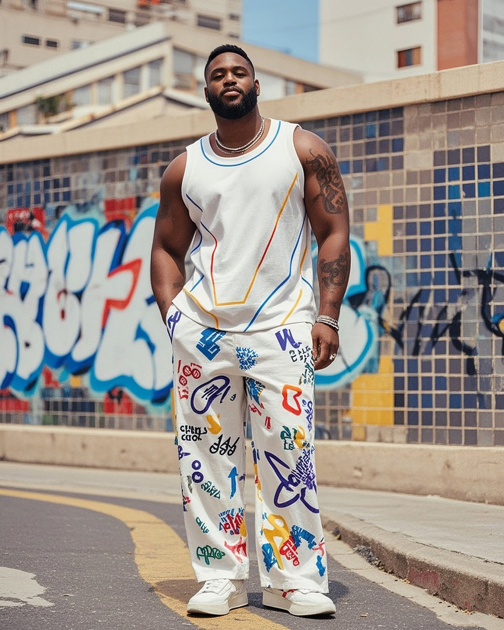 Big & Tall Graffiti Streetwear Vest Pants Set for big men view 1