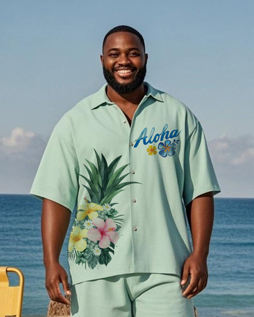 Big & Tall Green Hawaiian Graphic T-Shirt Shorts Set for big men view 2