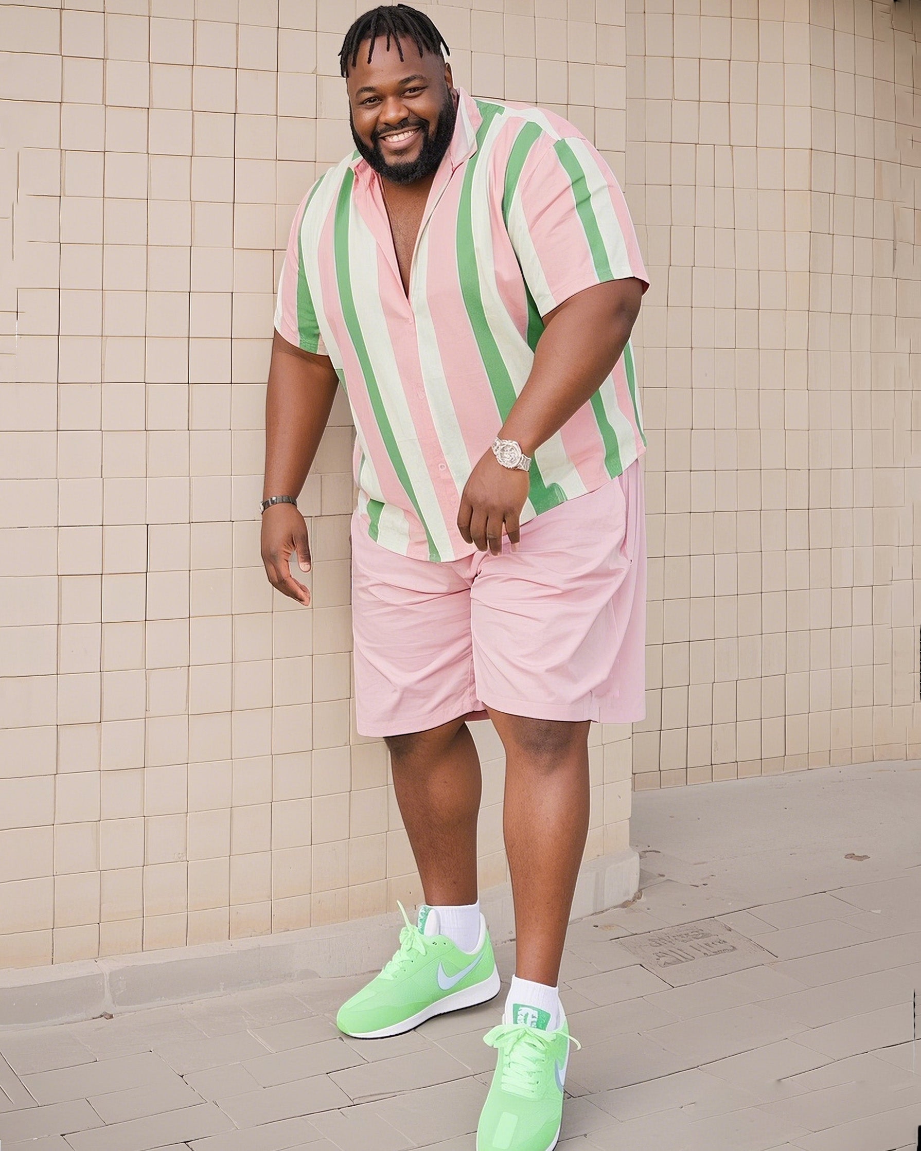 Big & Tall Green Pink Colorblock T-Shirt Shorts Set for big men view 1