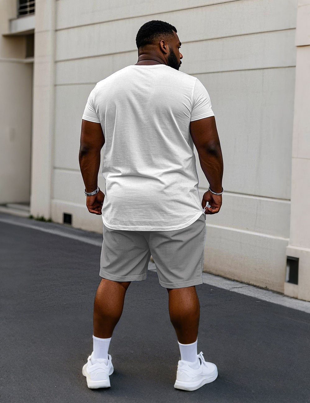 Big & Tall White Gray Patchwork T-Shirt Shorts Set for big men view 4