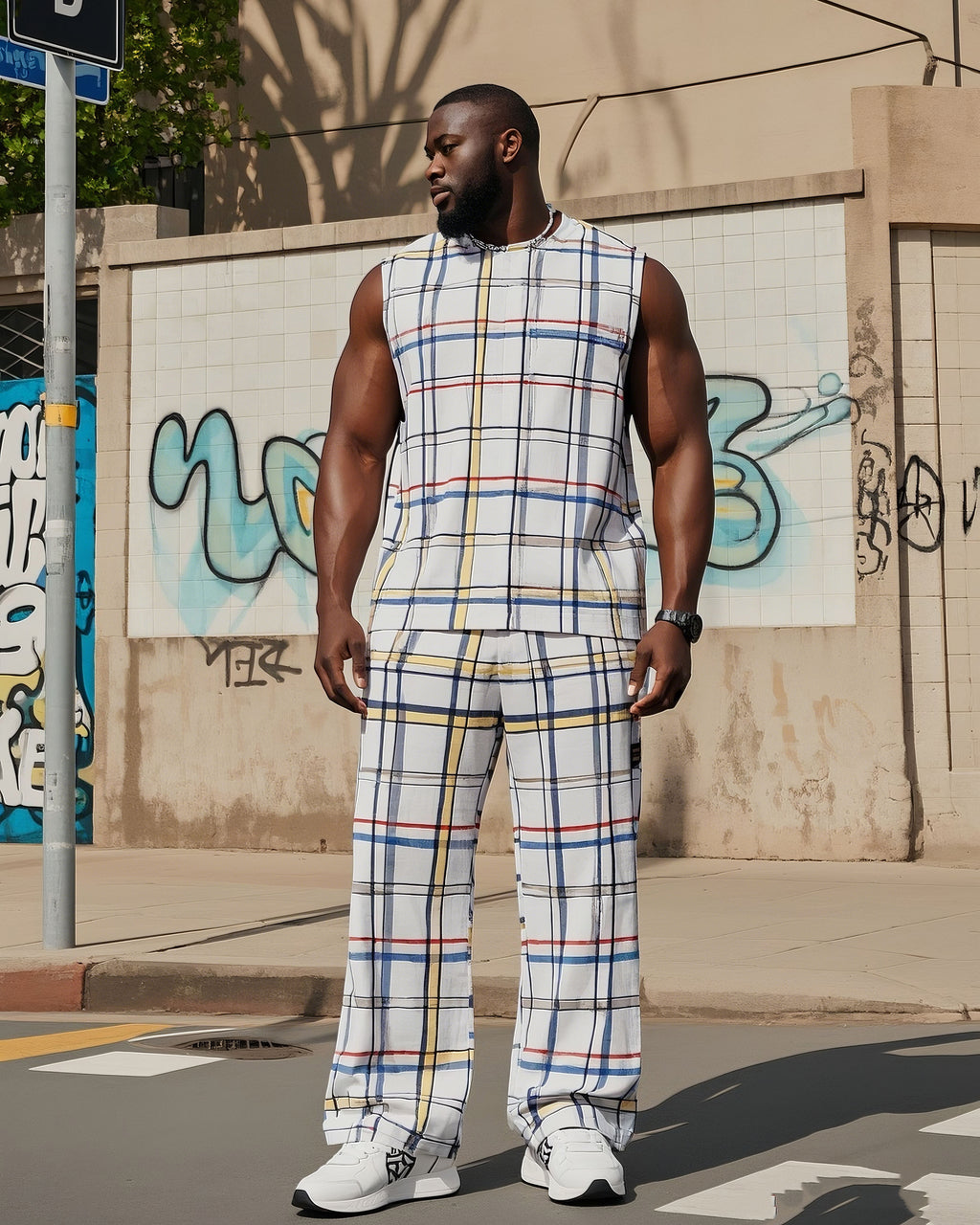 Big & Tall Plaid Streetwear Vest Pants Set for big men view 1