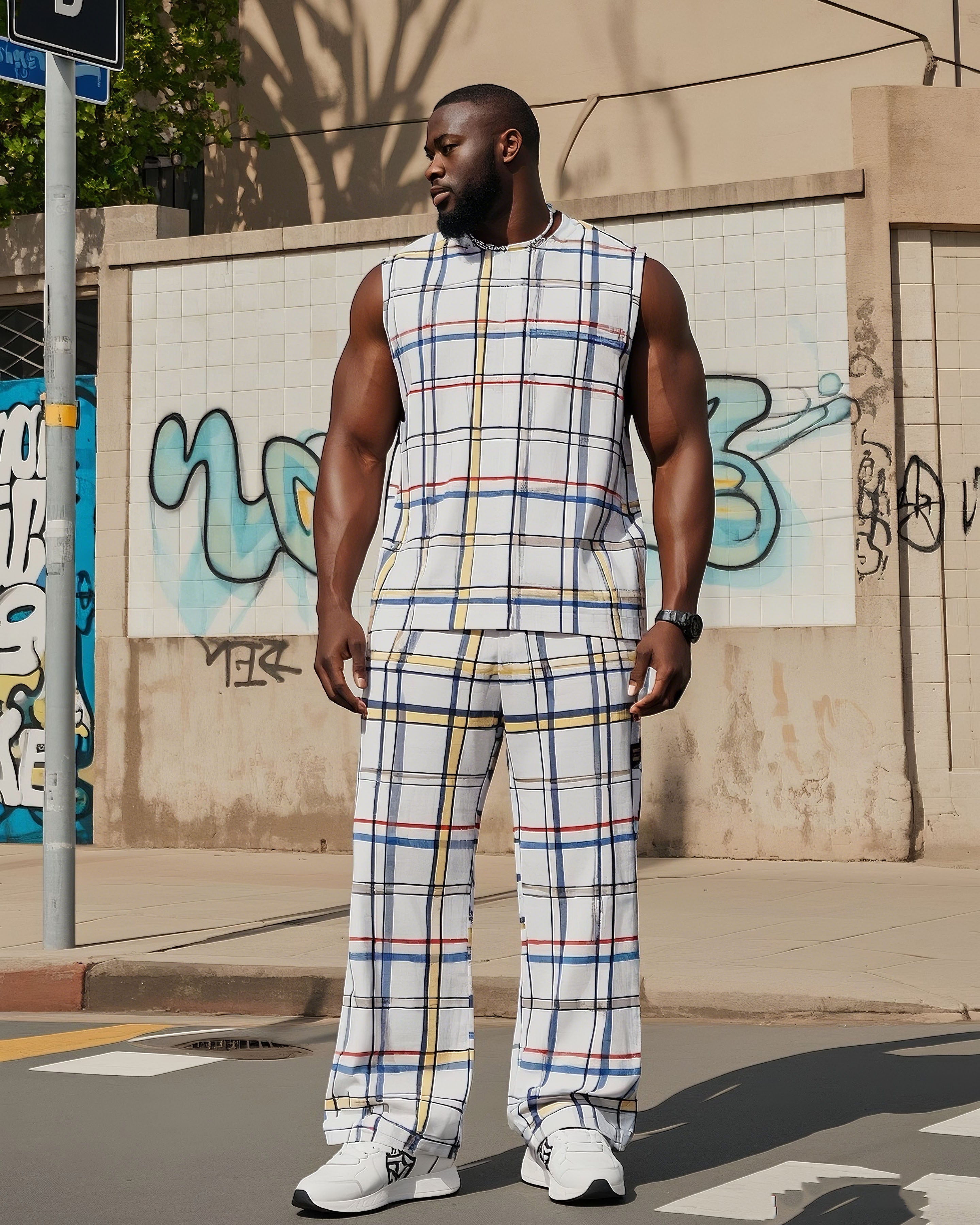Big & Tall Plaid Streetwear Vest Pants Set for big men view 1