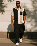 Big & Tall Black Colorblock Striped T-Shirt Pants Set for big men view 1
