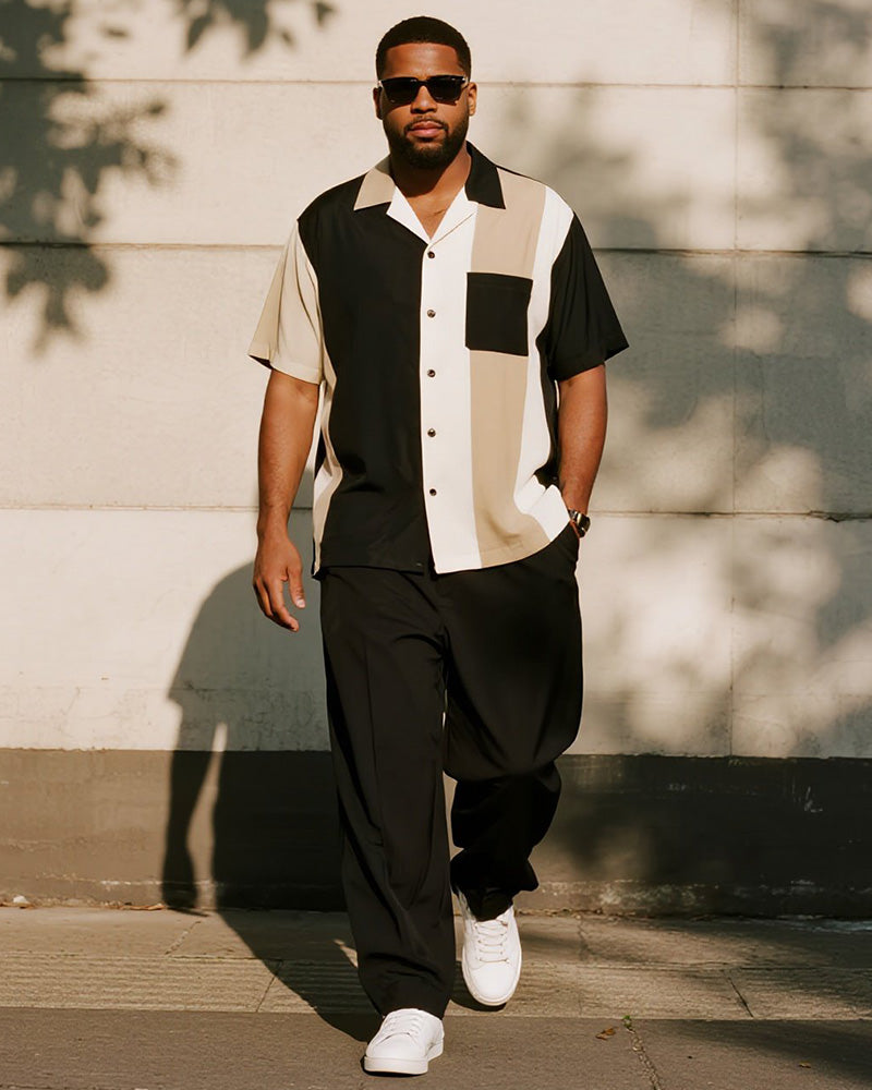 Big & Tall Black Colorblock Striped T-Shirt Pants Set for big men view 1