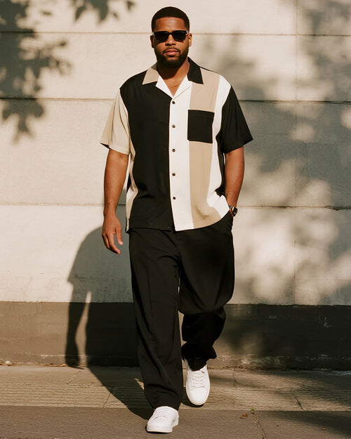 Big & Tall Black Colorblock Striped T-Shirt Pants Set for big men view 1