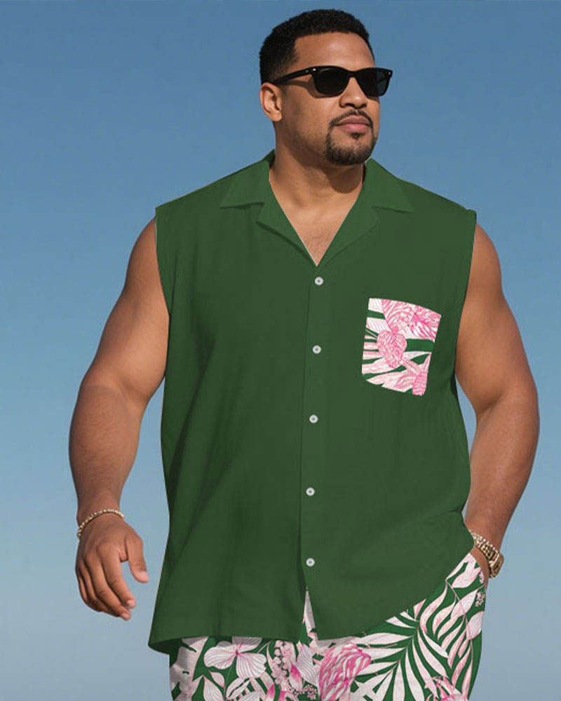 Big & Tall Green Hawaiian T-Shirt Shorts Set for big men view 2