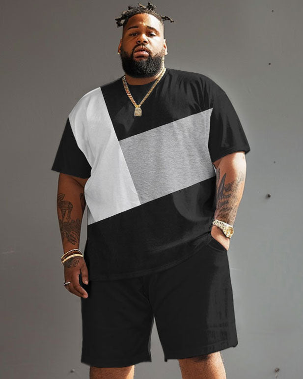 Big & Tall Black White Colorblock T-Shirt Shorts Set for big men view 1
