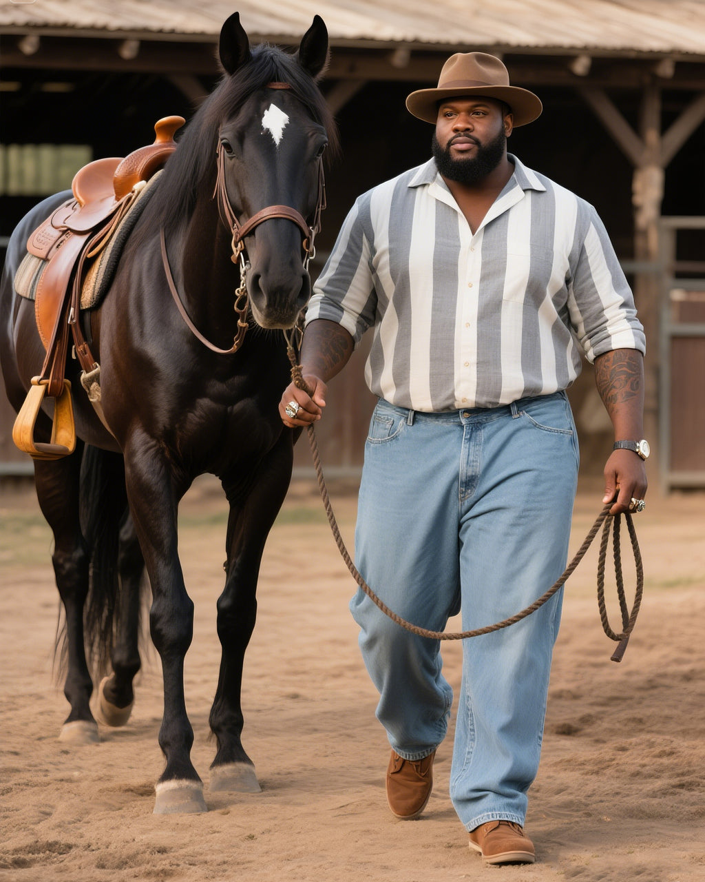 Big & Tall Western Striped T-Shirt Pants Set for big men view 1
