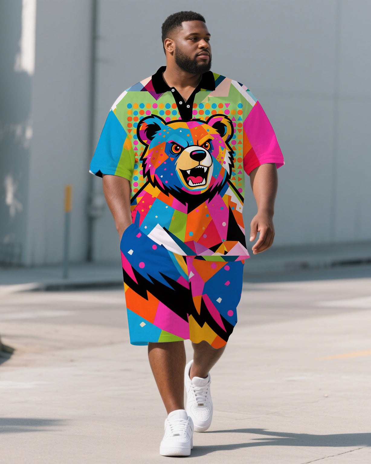 Big & Tall Colorblock Geometric Polo Shorts Set for big men view 1