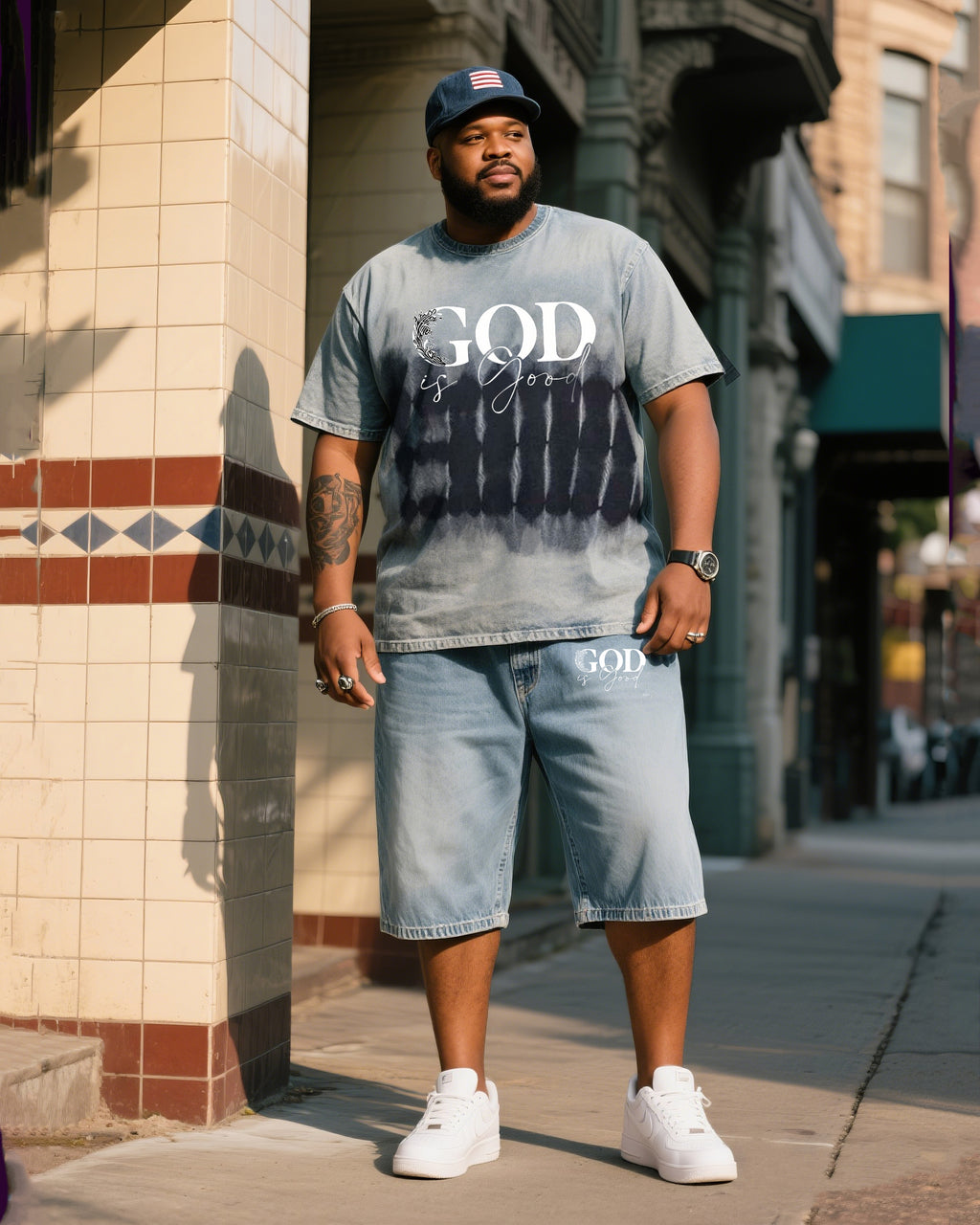 Big & Tall Denim Graphic T-Shirt Shorts Set for big men view 1