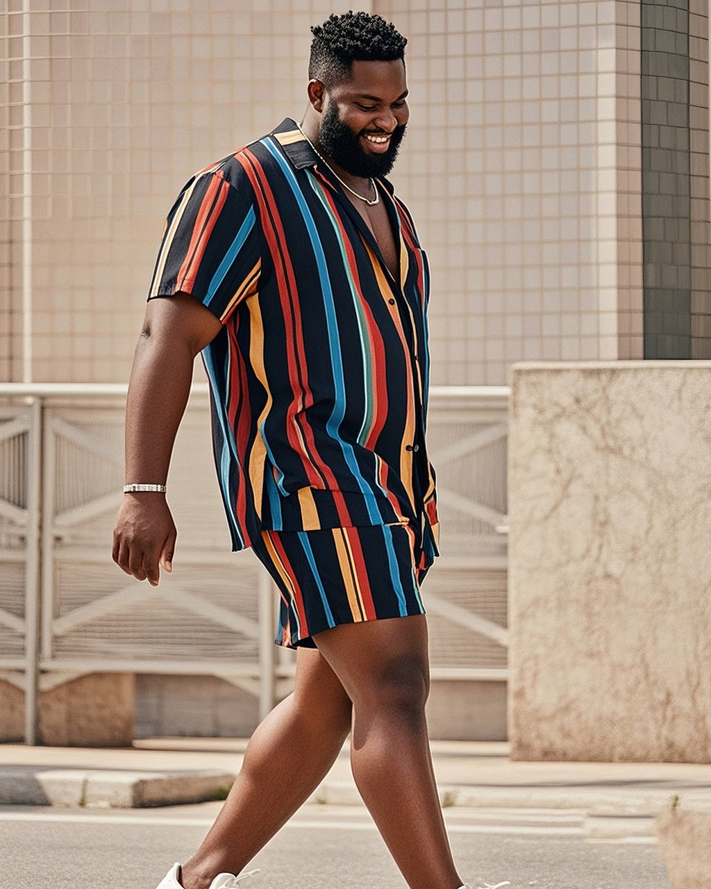 Big & Tall Colorblock Striped T-Shirt Shorts Set for big men view 1