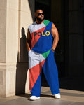 Big & Tall Blue Colorblock Graphic Vest Pants Set for big men view 1